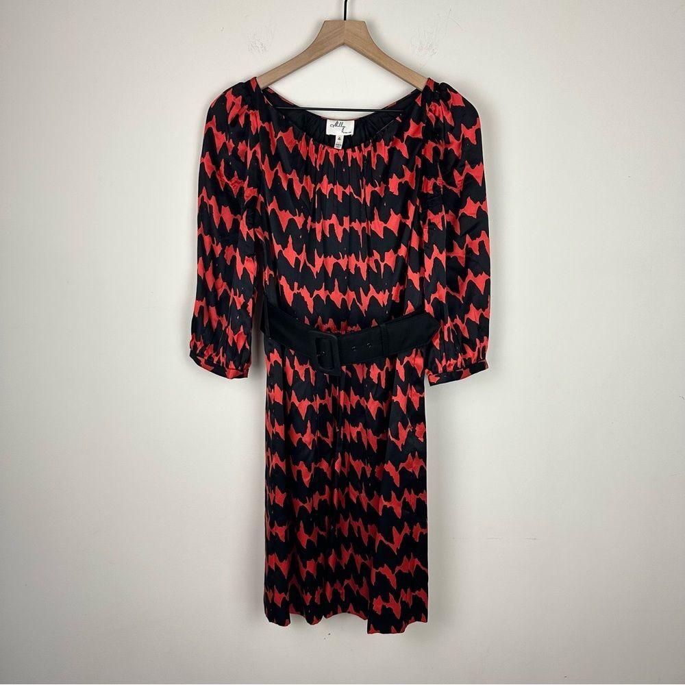 Milly 100% Silk Red Zig Zag Horizontal Stripe Belted Dress, 4